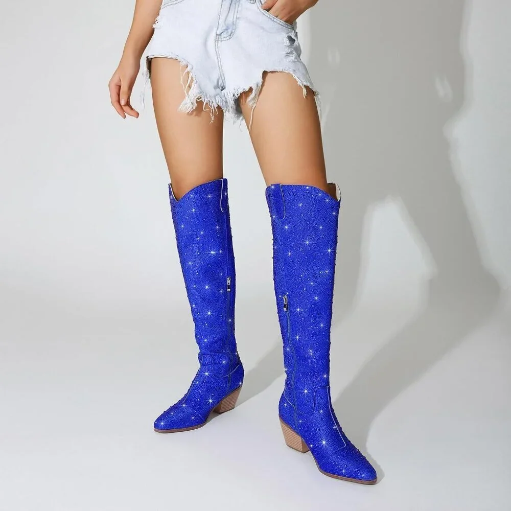 Women Blue Faux Leather Sparkly Bling Rhinestone Over the Knee Cowboy Boots